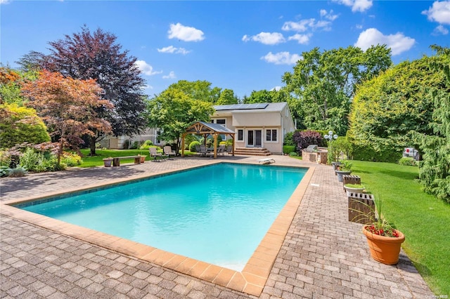 view of pool featuring a gazebo, a patio, and a lawn