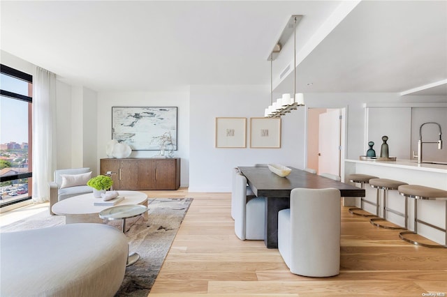 dining area with light hardwood / wood-style flooring and sink