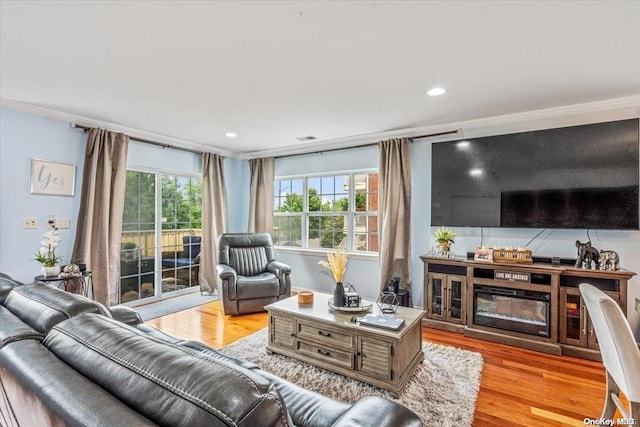 living room featuring light wood-type flooring and ornamental molding