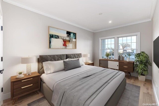 bedroom with light hardwood / wood-style floors and ornamental molding