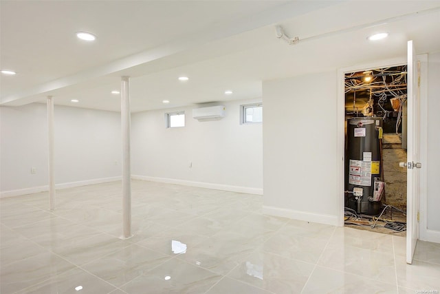 basement featuring light tile patterned floors, gas water heater, and a wall mounted AC