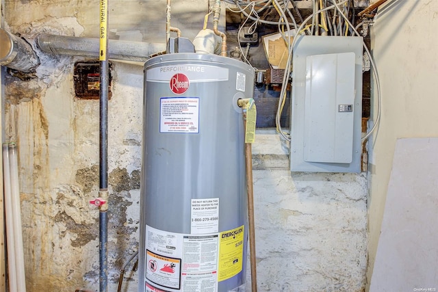 utility room featuring electric panel and gas water heater