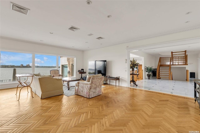 living room featuring light parquet flooring