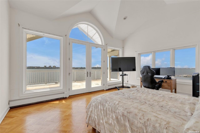 bedroom featuring a baseboard radiator, access to exterior, light parquet flooring, french doors, and vaulted ceiling