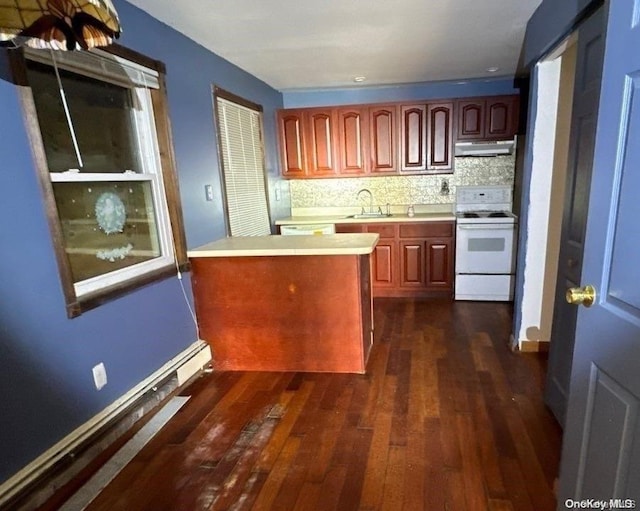 kitchen featuring white appliances, sink, tasteful backsplash, a baseboard radiator, and dark hardwood / wood-style flooring