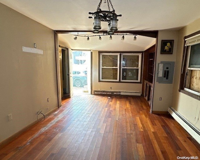 unfurnished living room with dark hardwood / wood-style flooring, baseboard heating, and electric panel