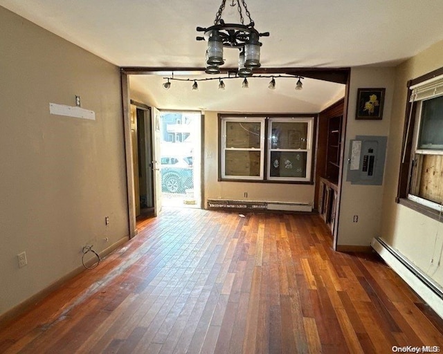 802 Lanark Rd, Broad Channel, NY 11693 - unfurnished living room with baseboard heating, electric panel, hardwood / wood-style floors, and baseboards
