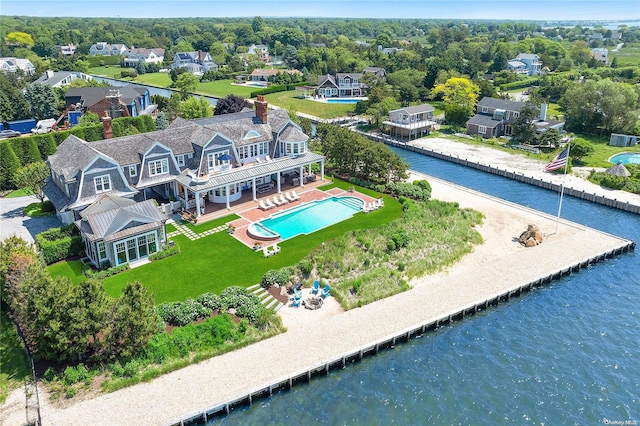 drone / aerial view featuring a water view