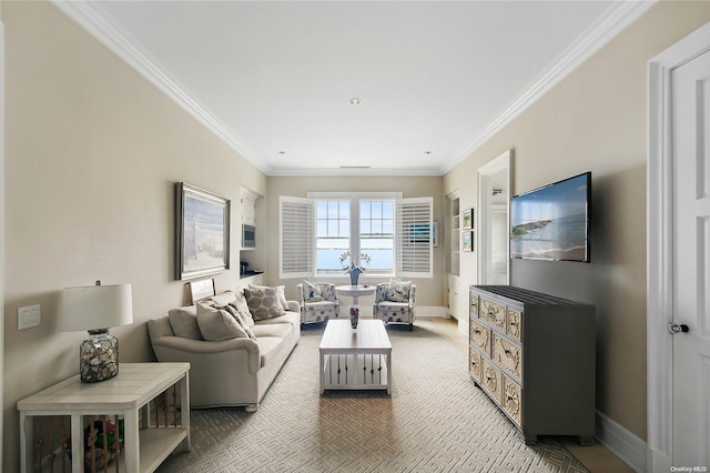 carpeted living room featuring crown molding