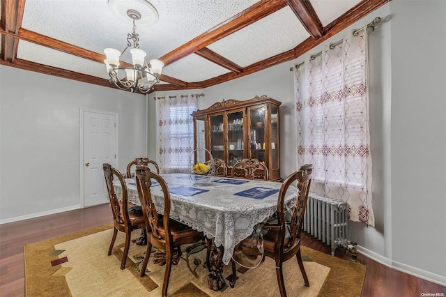 dining area with a chandelier, a textured ceiling, dark hardwood / wood-style floors, and radiator