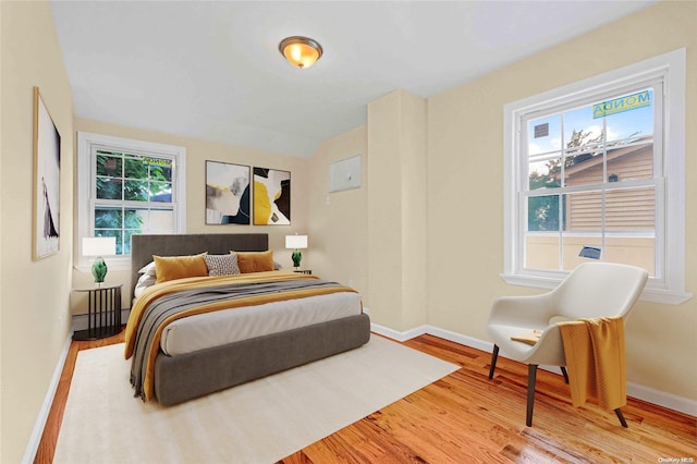 bedroom with multiple windows and hardwood / wood-style floors