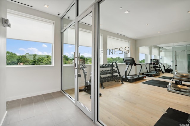 gym featuring hardwood / wood-style flooring and a wealth of natural light