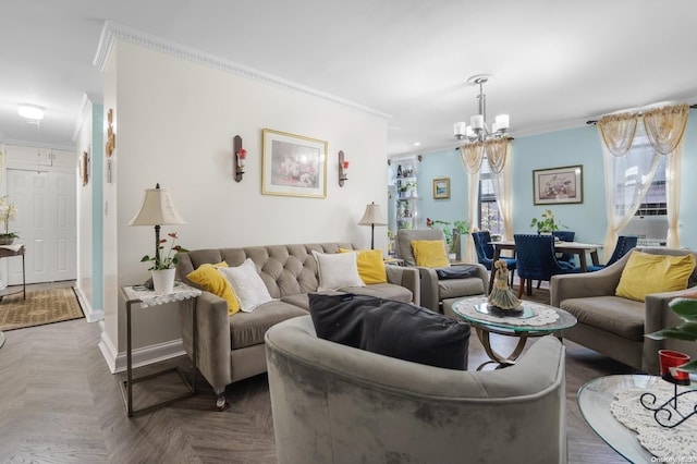 living room featuring dark parquet flooring, crown molding, and an inviting chandelier