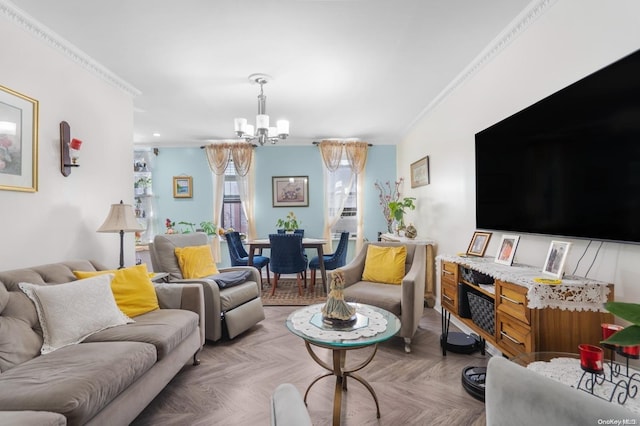 living room featuring parquet floors, crown molding, and a chandelier