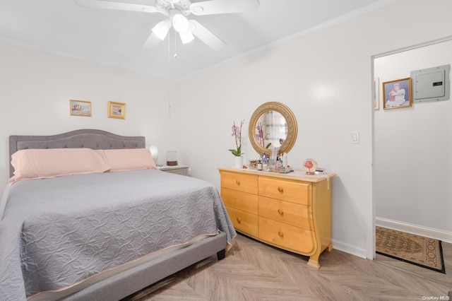 bedroom featuring light parquet floors and ceiling fan