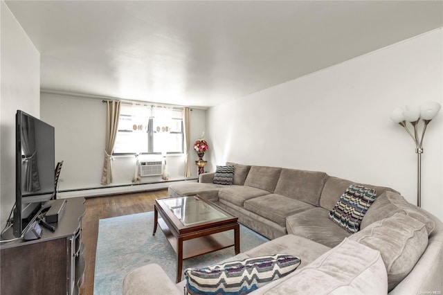 living room with hardwood / wood-style floors, cooling unit, and a baseboard radiator