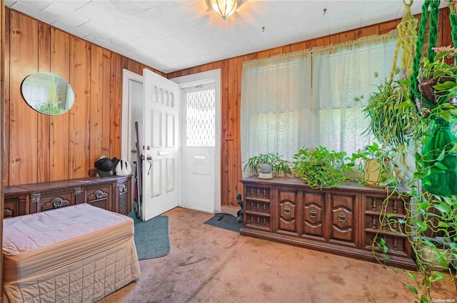 foyer entrance with light carpet and wooden walls