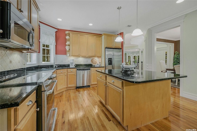 22 Saints Orchard Rd, Port Jefferson, NY 11777 - kitchen featuring appliances with stainless steel finishes, light wood-type flooring, a sink, crown molding, and open shelves