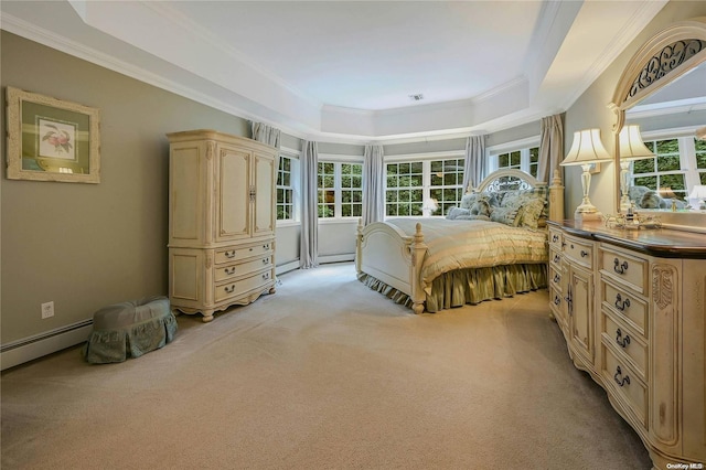 22 Saints Orchard Rd, Port Jefferson, NY 11777 - bedroom featuring a raised ceiling, crown molding, light colored carpet, a baseboard radiator, and a baseboard heating unit