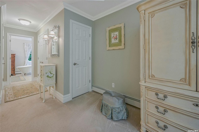 22 Saints Orchard Rd, Port Jefferson, NY 11777 - full bath with a soaking tub, crown molding, vanity, a baseboard radiator, and a chandelier