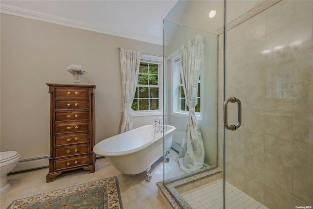 22 Saints Orchard Rd, Port Jefferson, NY 11777 - full bathroom featuring a stall shower, a soaking tub, a baseboard radiator, toilet, and tile patterned flooring