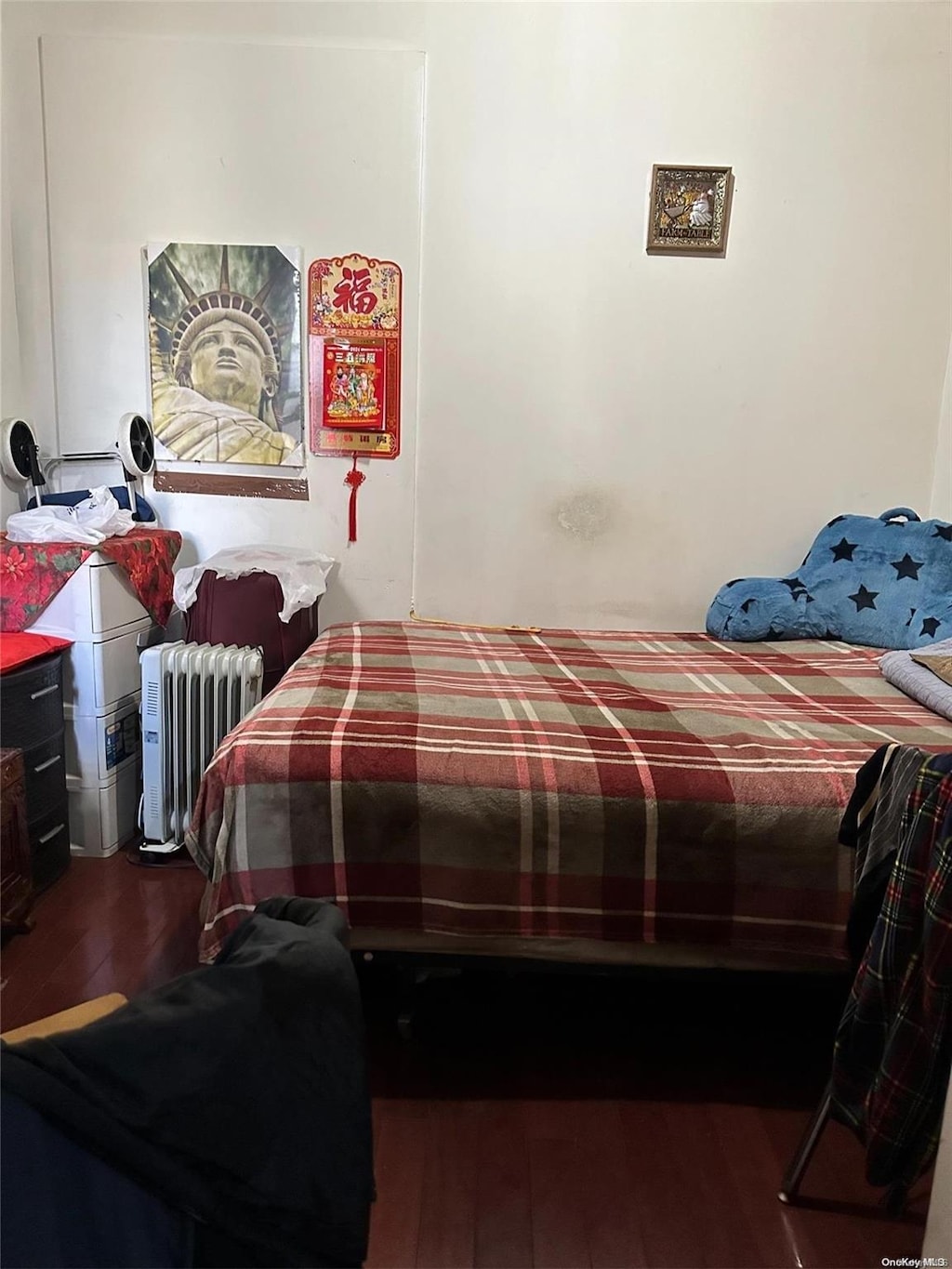 bedroom featuring radiator heating unit and wood-type flooring