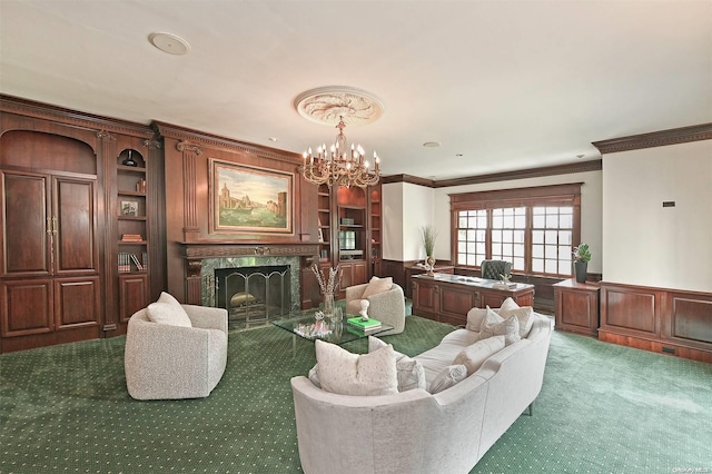 living room with carpet, a notable chandelier, ornamental molding, and a premium fireplace