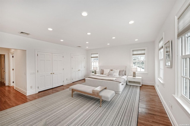 bedroom with hardwood / wood-style floors and two closets