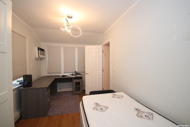 bedroom with lofted ceiling, dark wood-type flooring, crown molding, a wall mounted AC, and beverage cooler