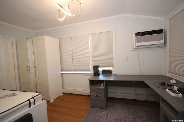 home office with a wall mounted air conditioner, a baseboard heating unit, vaulted ceiling, and dark wood-type flooring