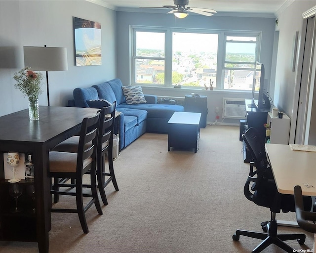 carpeted living room featuring a wall mounted air conditioner, ceiling fan, ornamental molding, and a wealth of natural light