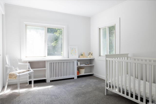 bedroom featuring radiator, carpet floors, and a nursery area