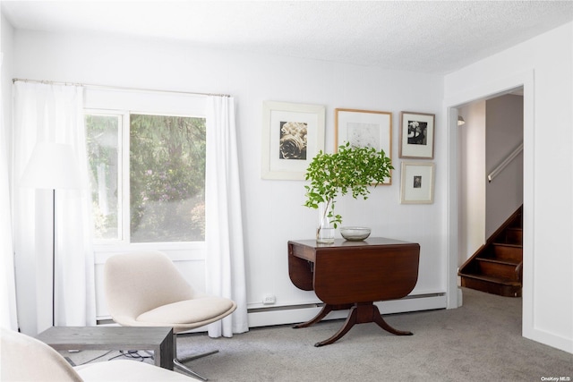 living area featuring light carpet and a textured ceiling