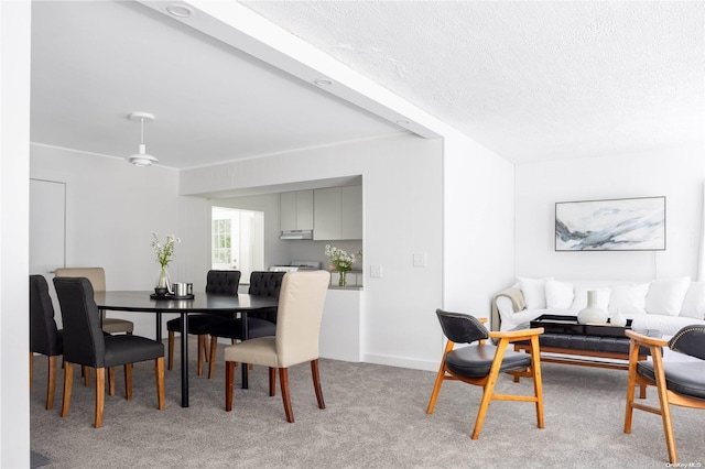 carpeted dining room featuring a textured ceiling