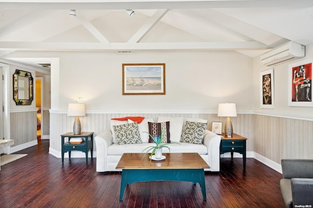 living room with an AC wall unit, dark wood-type flooring, and vaulted ceiling