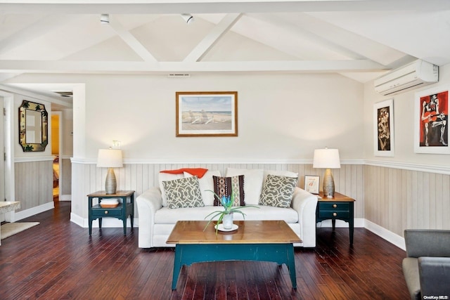 14C Penny Ln, Hampton Bays, NY 11946 - living room featuring an AC wall unit, wainscoting, hardwood / wood-style floors, and baseboards