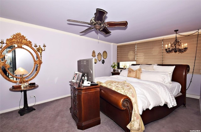 bedroom featuring ornamental molding, ceiling fan with notable chandelier, and dark colored carpet