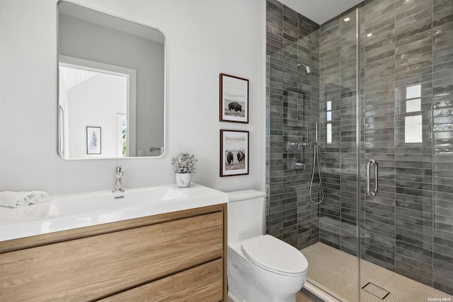 bathroom featuring vanity, toilet, and a shower with door