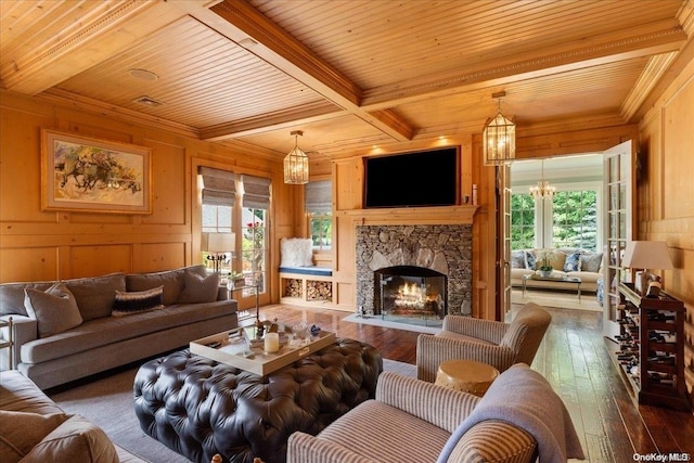 living room with wooden ceiling, beamed ceiling, wood walls, wood-type flooring, and a fireplace