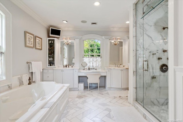 bathroom with vanity, ornamental molding, plus walk in shower, and an inviting chandelier