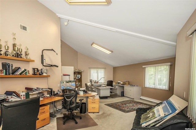 carpeted home office featuring baseboard heating and high vaulted ceiling