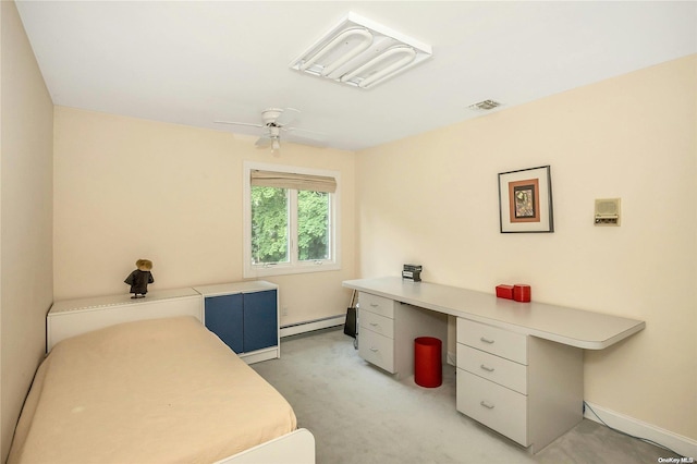 bedroom featuring ceiling fan, light carpet, and a baseboard heating unit