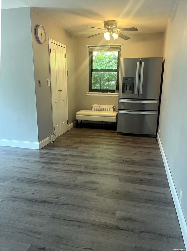 kitchen featuring stainless steel fridge with ice dispenser, ceiling fan, and dark hardwood / wood-style floors