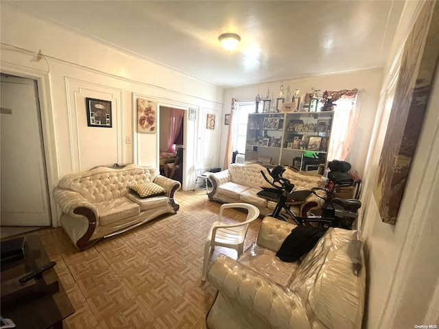 living room featuring parquet floors