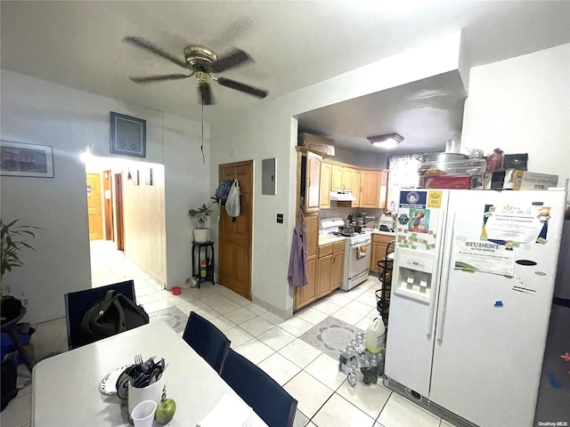 kitchen featuring light tile patterned floors, white appliances, and ceiling fan