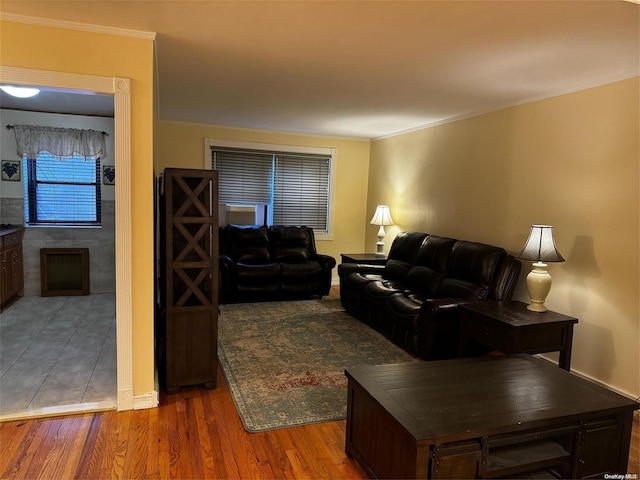 living room with wood-type flooring and ornamental molding