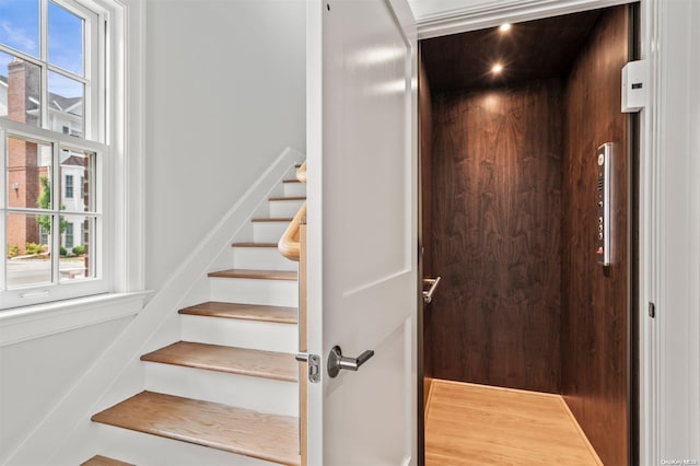 staircase featuring hardwood / wood-style floors and elevator