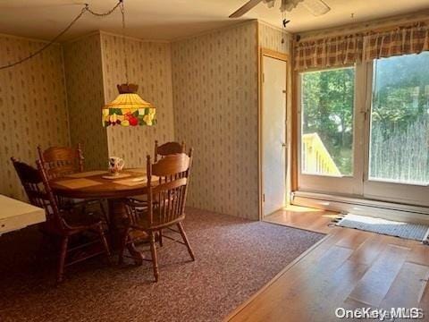 dining area with hardwood / wood-style floors, plenty of natural light, and ceiling fan