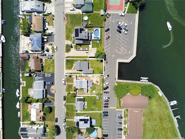 drone / aerial view featuring a water view