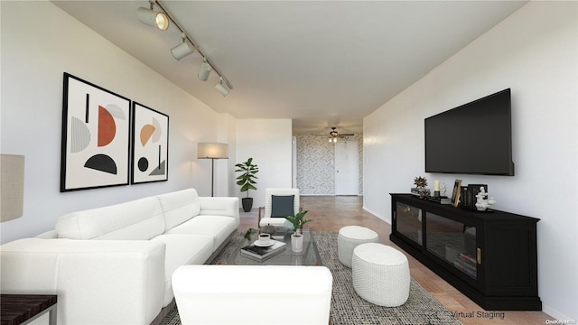 living room featuring ceiling fan and track lighting